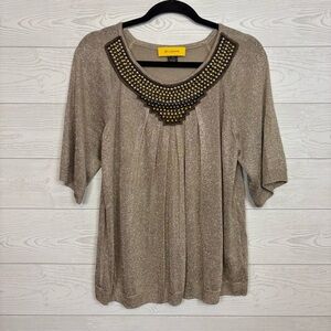 St. John Gold/Brown Beaded Knit Short Sleeve Blouse Size Medium